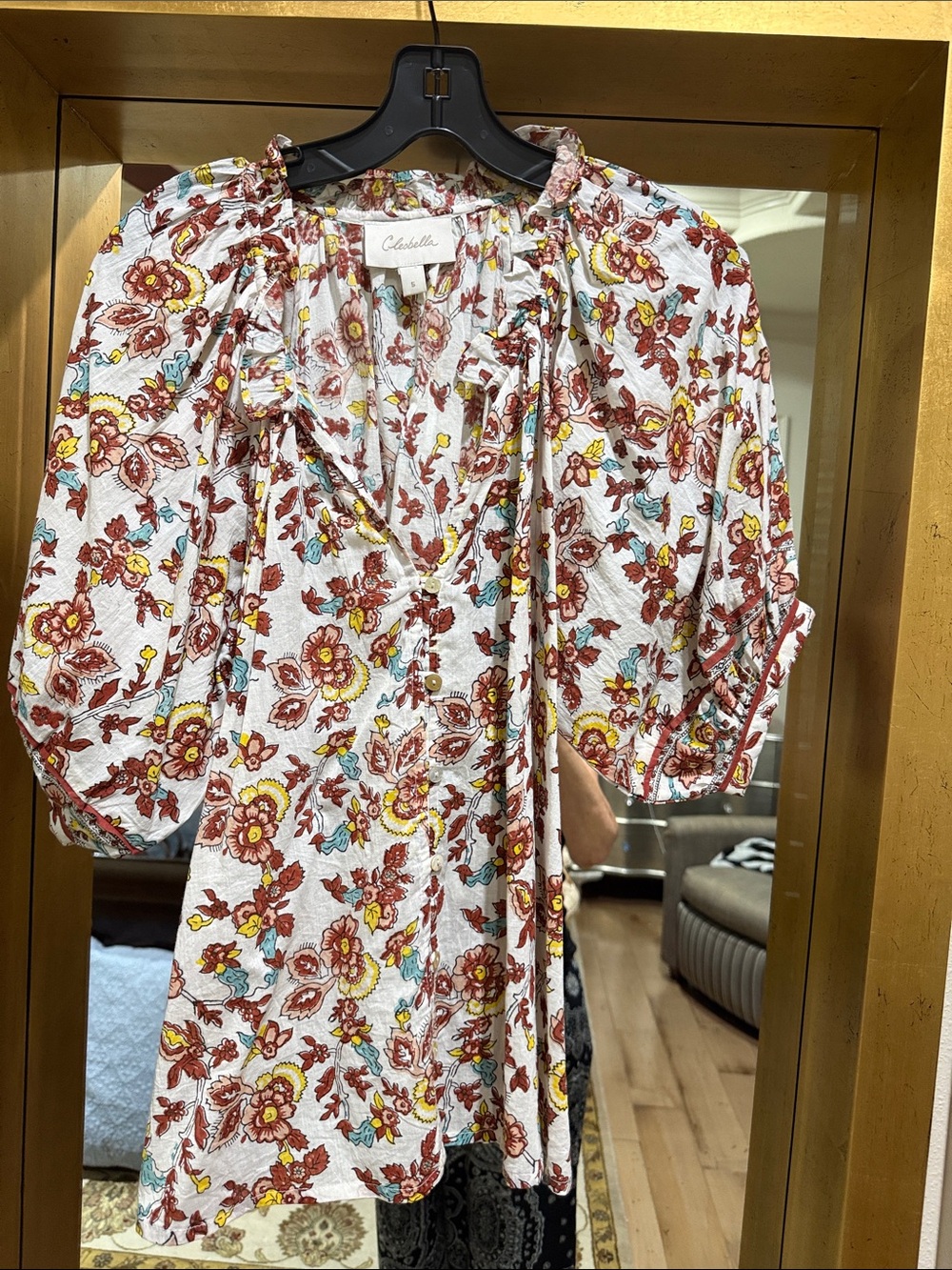 Cleobella White Floral Peasant Tunic with Rust & Yellow Accents